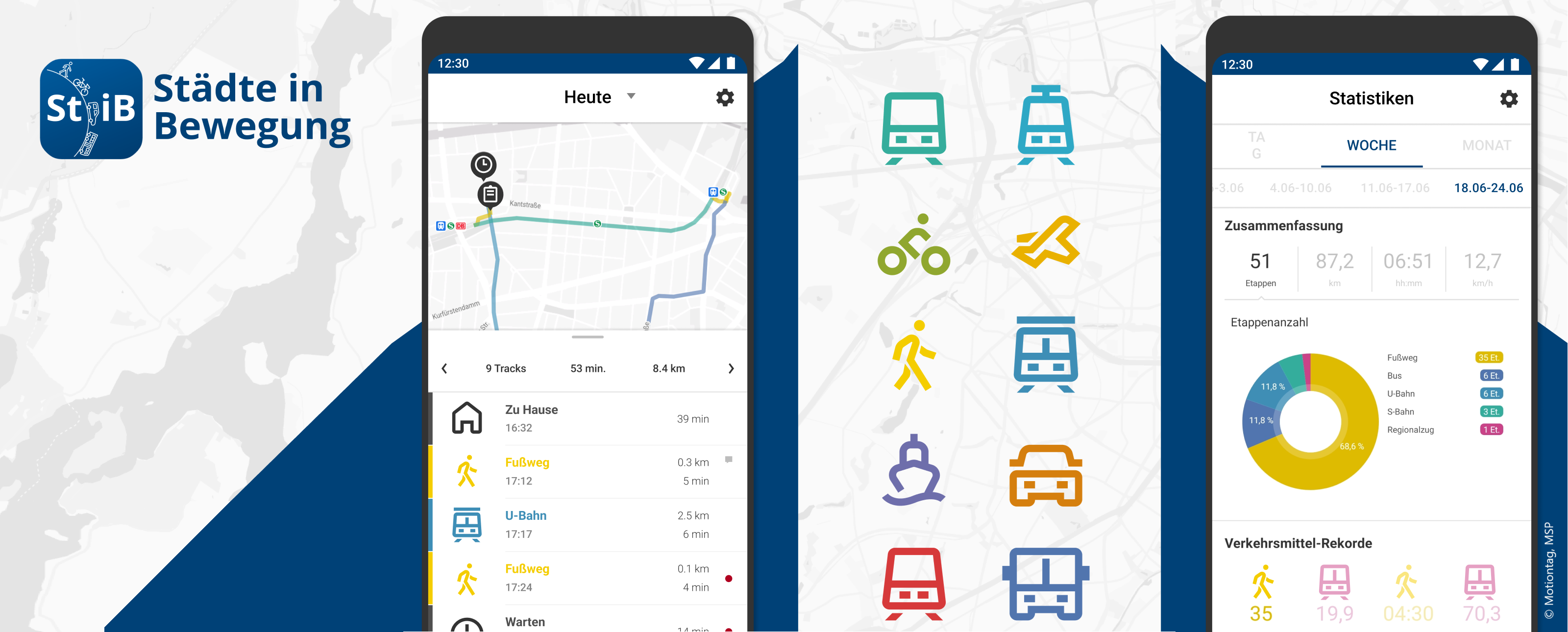 Benutzeroberfläche der Mobilitätserhebungs-App StiB: Städte in Bewegung